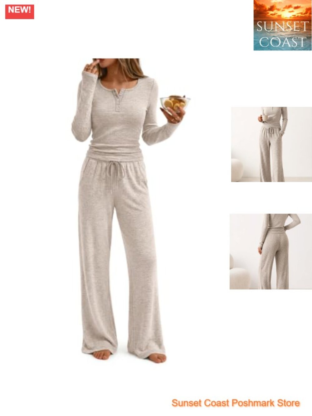 Women's 2 Piece Lounge Set Henley Top Wide Leg Pants Polyester Rayon Spandex